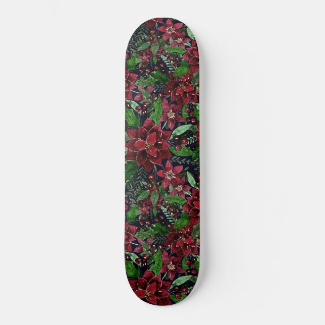 Skateboard Christmas Burgundy Poinsettia Flowers Watercolor (Recto)