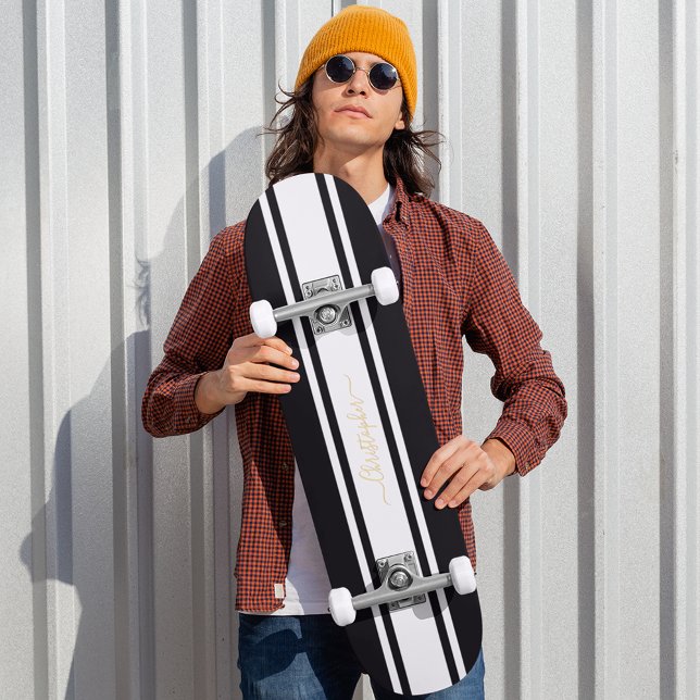 Skateboard Classic Black White Racing Stripes Gold Monogramme (Classic Black White Racing Stripes Gold Monogram Skateboard)