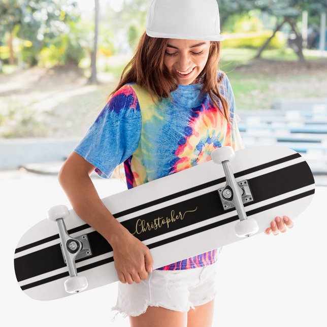 Skateboard Classic Blanc Noir Stripes Or Monogramme (Classic Black White Gold Monogram Racing Stripes Skateboard)