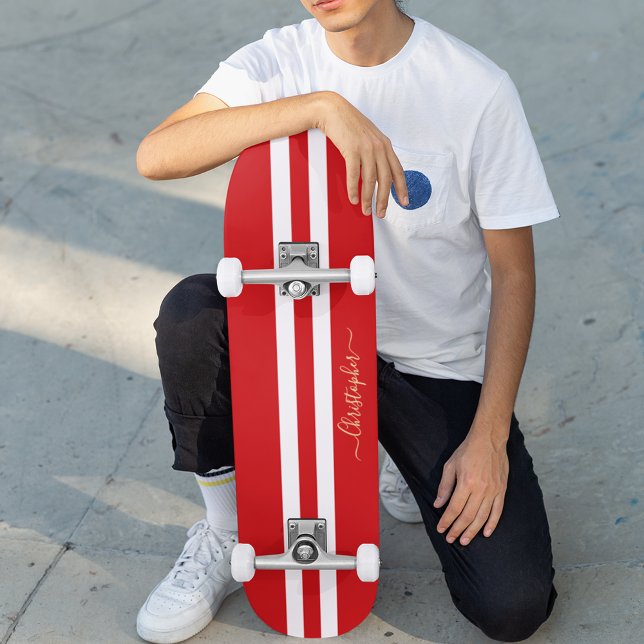 Skateboard Classic Red White Gold Monogramme Tracé (Classic Red White Gold Monogram Racing Stripes Skateboard)