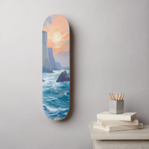 Skateboard Cliffside Cove Peinture aquarelle de l'océan côt