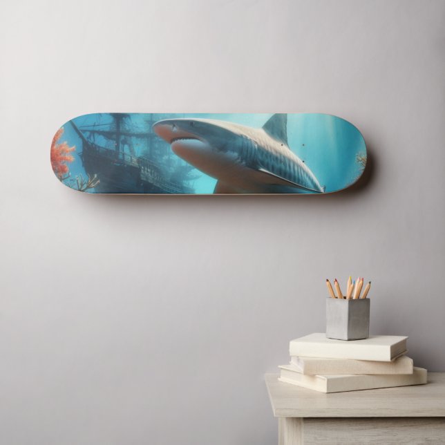 Skateboard Coastal/nautical tiger shark & coral reef (Art mural (Horz))