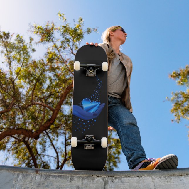 Skateboard Coeur arc-en-ciel bleu avec étoiles (Extérieur 1)