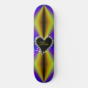 Skateboard Coeur noir avec étoiles sur arc-en-ciel jaune viol