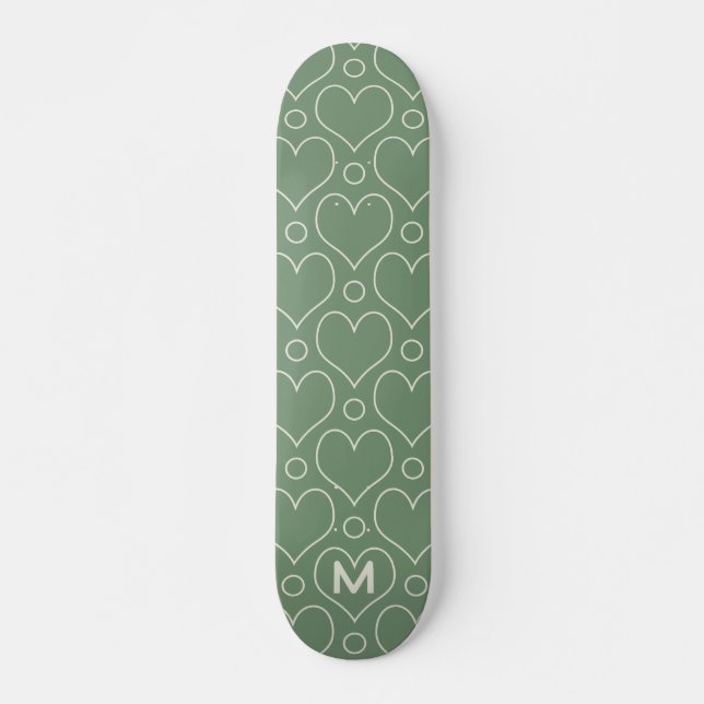 Skateboard Coeurs d'amour et motif Pois en vert (Devant)