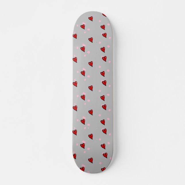Skateboard Coeurs rouges sur gris (Devant)