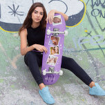 Skateboard Collage de photos de famille violet féminin<br><div class="desc">Le skateboard est le cadeau idéal pour les femmes branchées et familiales d'aujourd'hui. D'un point de vue esthétique, il est conçu pour être accrocheur et attrayant pour les goûts féminins - avec un fond texturé violet lisse et vibrant, entouré d'étoiles blanches et personnalisé avec quatre photos de famille et une...</div>