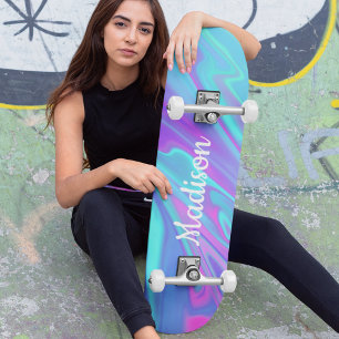 Skateboard Coloré Moderne Fille Bleu Rose Marbre Liquide