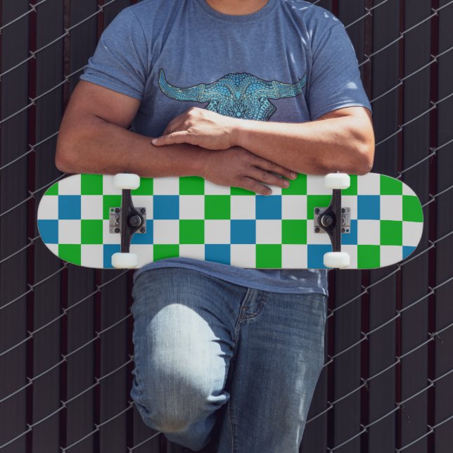 Skateboard Conception à carreaux bleu blanc vert  (Extérieur 3)