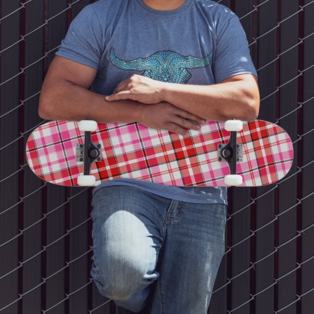 Skateboard Conception à carreaux tartan blanc rouge rose  (Extérieur 3)