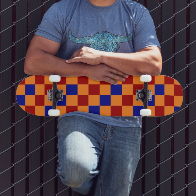 Skateboard Conception de motif à carreaux rouge orange bleu  (Extérieur 3)
