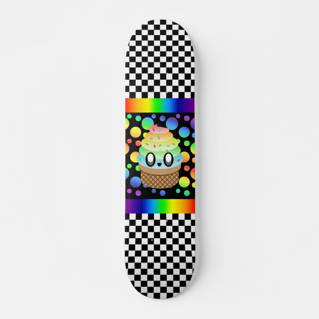 Skateboard Cône de glace arc-en-ciel kawaii damier (Devant)