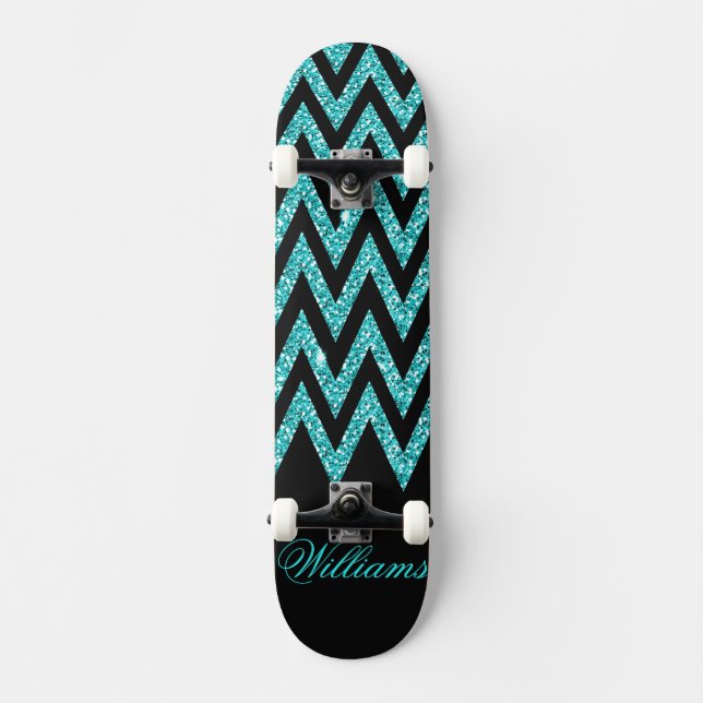 Skateboard Cool chevron zigzag paon bleu faux parties scintil (Recto)