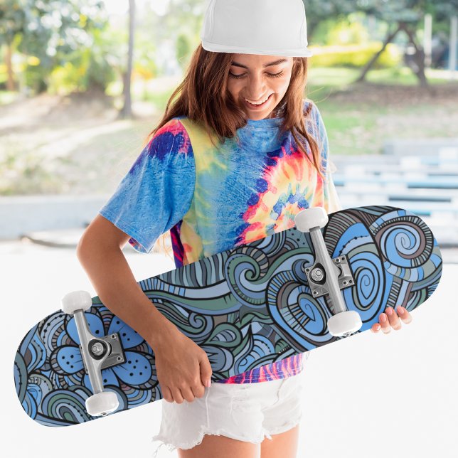Skateboard Cool Moderne Bleu Abstrait motif floral (Créateur téléchargé)