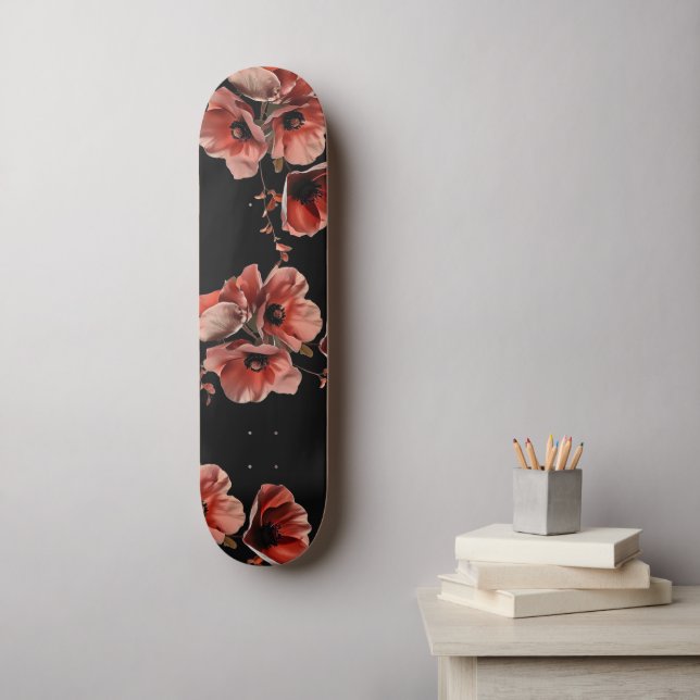Skateboard Coquelicots Fleurs Noir (Art mural)