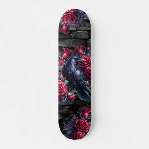 Skateboard Corbeau noir et roses rouges unique