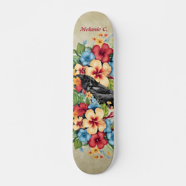 Skateboard Corbeau noir tropical coloré (Devant)
