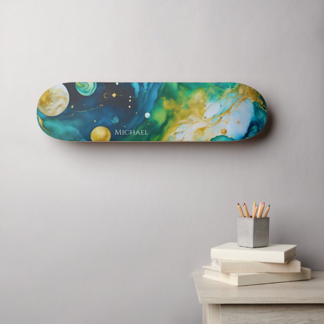 Skateboard Cosmos d'encre d'alcool bleu vert or (Art mural (Horz))