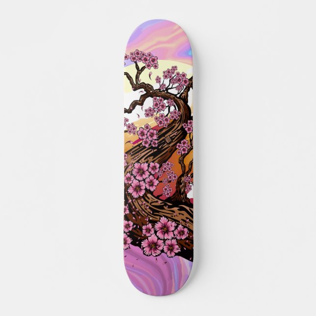 Skateboard Coucher de soleil aux fleurs de cerisier iridescen (Devant)