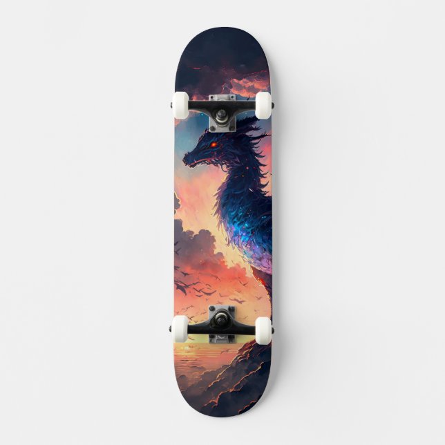 Skateboard Coucher de soleil de dragon aux teintes orange et  (Recto)