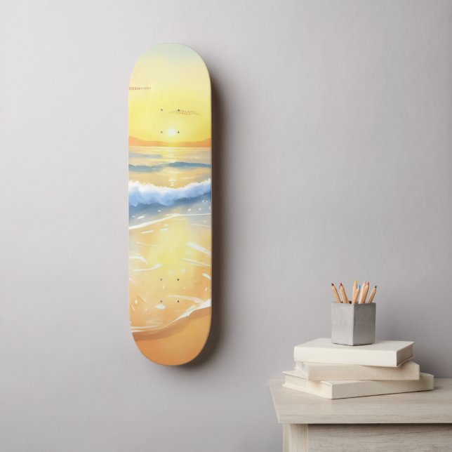 Skateboard Coucher de soleil des vagues d'océan | Aquarelle d (Art mural)