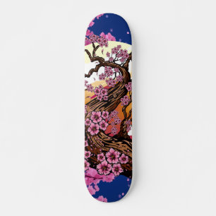 Skateboard Coucher de soleil Fleur de Sakura Bleue Esthétique