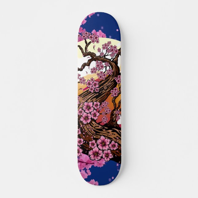 Skateboard Coucher de soleil Fleur de Sakura Bleue Esthétique (Devant)