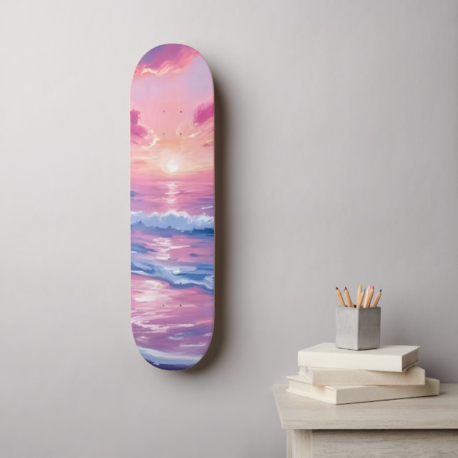 Skateboard Coucher de soleil océanique rose vague aquarelle (Art mural)