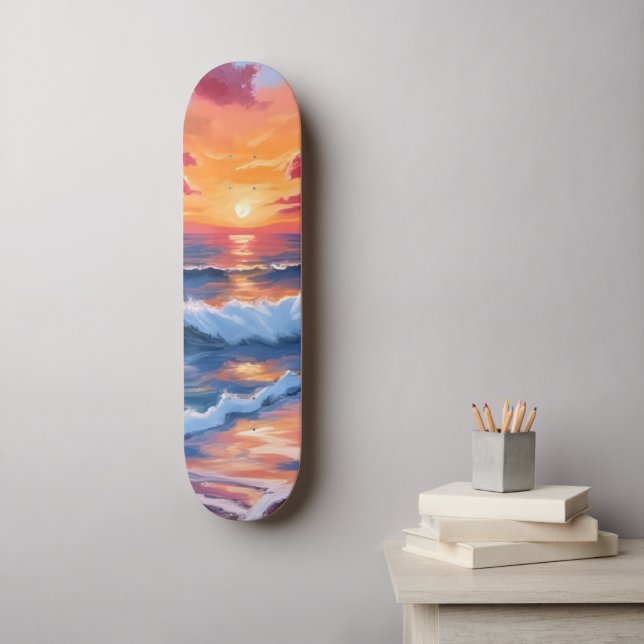 Skateboard Coucher de soleil océanique sur la plage Vagues Aq (Art mural)
