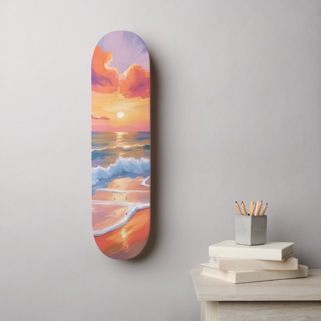 Skateboard Coucher de soleil pastel sur l'océan | Peinture co (Art mural)