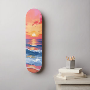 Skateboard Coucher de soleil sur la côte fuchsia   Aquarelle 