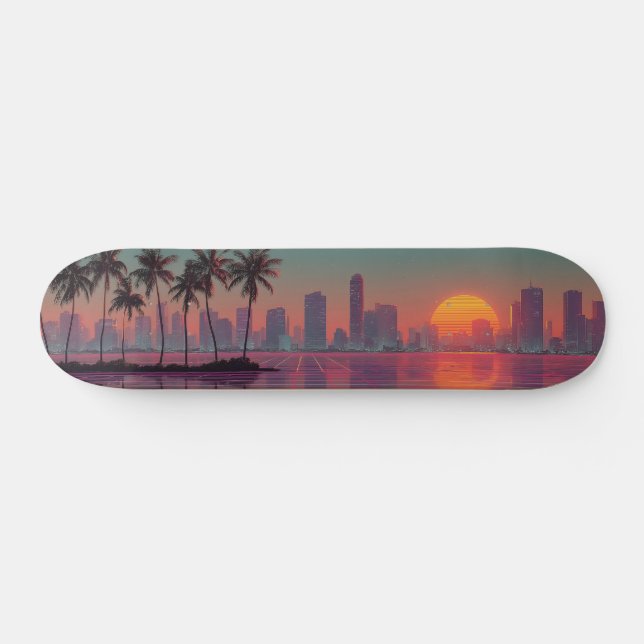 Skateboard Coucoucher de soleil Retro Synthwave Cityscape (Horz)