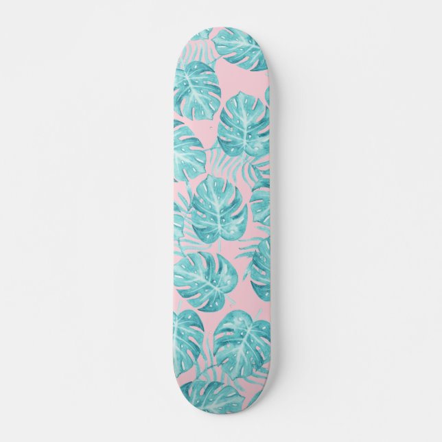 Skateboard Couleur turquoise rose mignonne fleurs tropicales  (Devant)