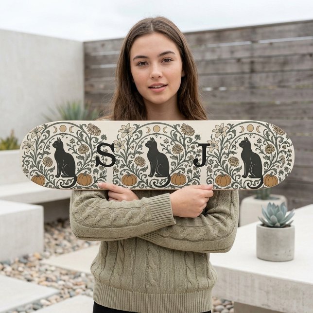 Skateboard Couronne de citrouille de lune botanique de chat n (Black Cat Botanical Moon Phase Fall Pumpkin Wreath Skateboard)