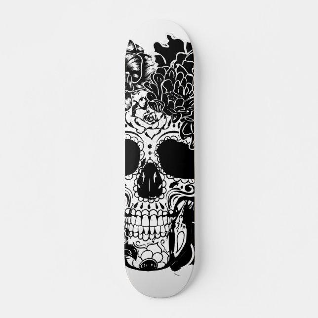 Skateboard Crâne à sucre avec fleurs en noir et blanc (Devant)