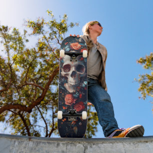 Skateboard Crâne avec fleurs et papillons - Nature gothique