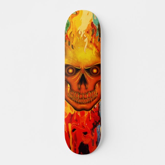 Skateboard Crâne d'art à la flamme jaune vibrant (Devant)