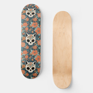 Skateboard Crâne De Chat Floral Avec Fleurs Oranges Sur Vert 