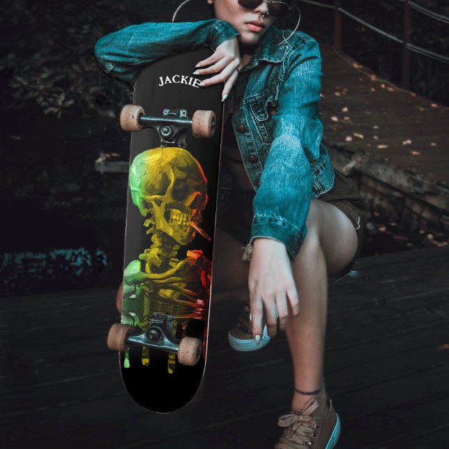 Skateboard Crâne de squelette avec brûler la cigarette Van Go (Skull of Skeleton with Burning Cigarette Van Gogh Skateboard)