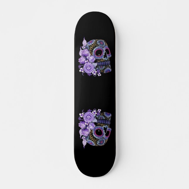 Skateboard Crâne de sucre noir violet Floral Jour des morts (Devant)