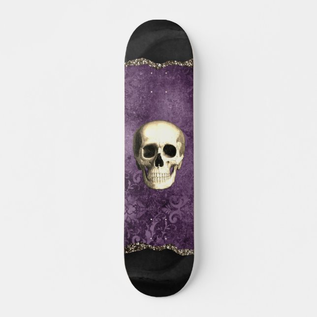 Skateboard Crâne désossé noir Moody violet glam gothique (Devant)