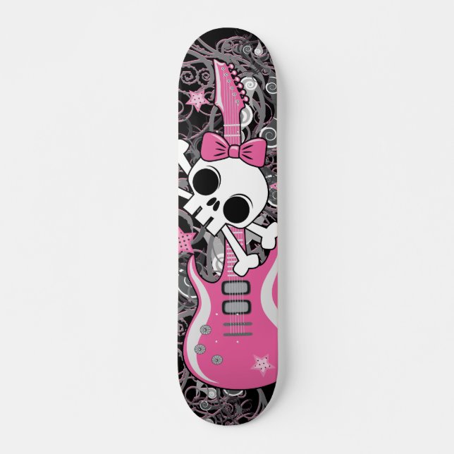 Skateboard Crâne Girly avec la guitare rose (Devant)