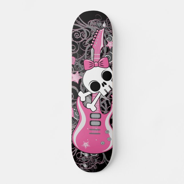 Skateboard Crâne mignon avec la guitare rose (Recto)