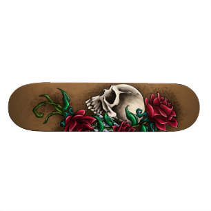 Skateboard Crâne occidental avec les roses rouges et le