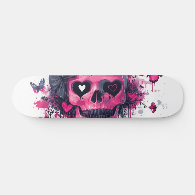 Skateboard Crâne rose avec papillons et coeurs (Horz)