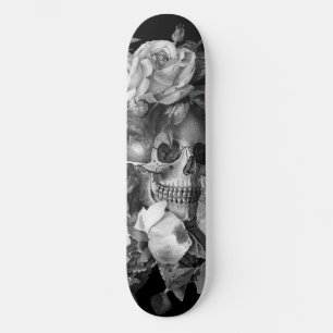 Skateboard Crâne vintage floral noir et blanc personnalisable