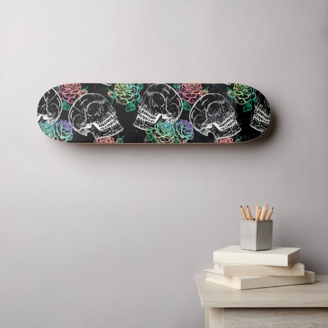 Skateboard Crânes et Roses Ombre | Gothique Glam Pastel Grung (Art mural (Horz))