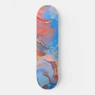 Skateboard Crimson, Blush, Blue and Gold Marbled Alcohol Ink