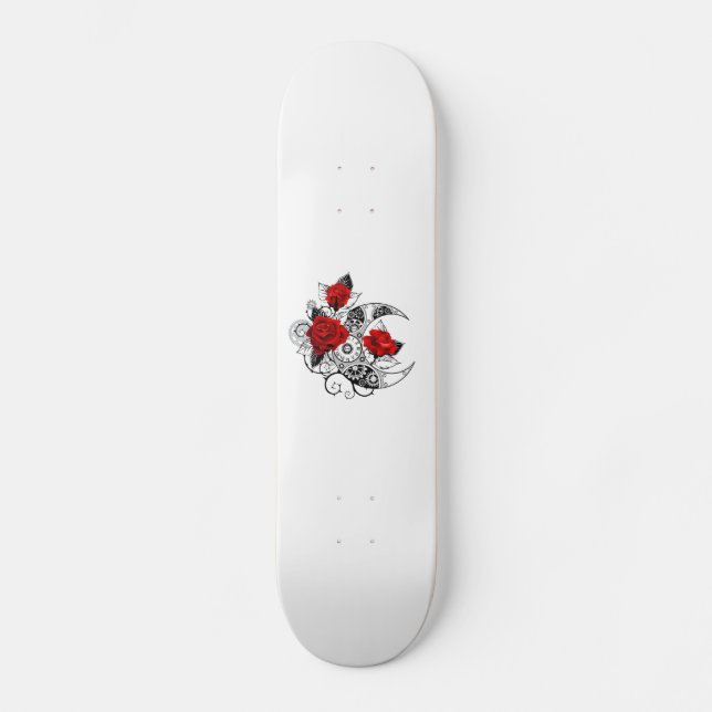 Skateboard Croissant Mécanique avec Roses Rouges (Recto)