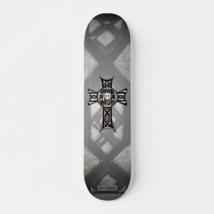 Skateboard Croix celtique et crâne (argent)